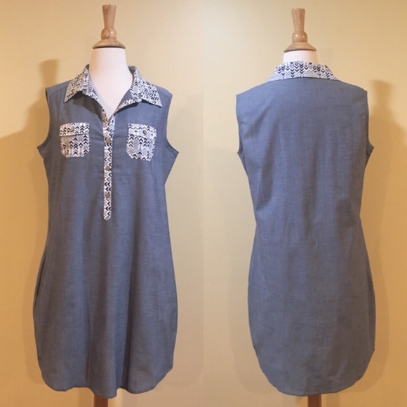 Tie Waist Chevron Trim Chambray Dress with Pockets - Picture 2 of 4